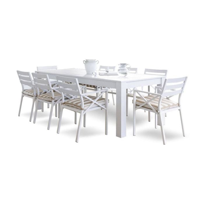 Santorini 2.5m Outdoor Aluminium Dining Table White With 8 Kansas Chairs & Heather Beige Cushions