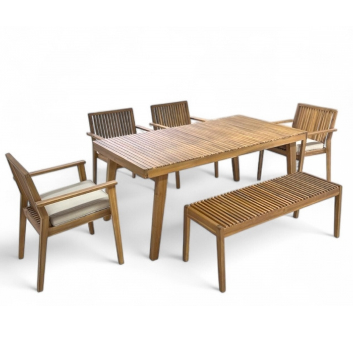 Lillian 6-Piece Acacia Timber Outdoor Dining Setting with 4 Chairs & Bench (Natural/Cream Cushions)