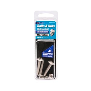 Zenith Bolt & Nut M 6x 30mm Mushroom Head SS316 3pk