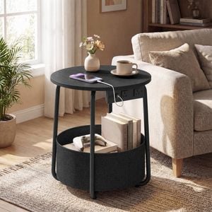 Advwin Side Table Sofa End Table w/ Charging Station Round Bedside Table w/ Basket Black