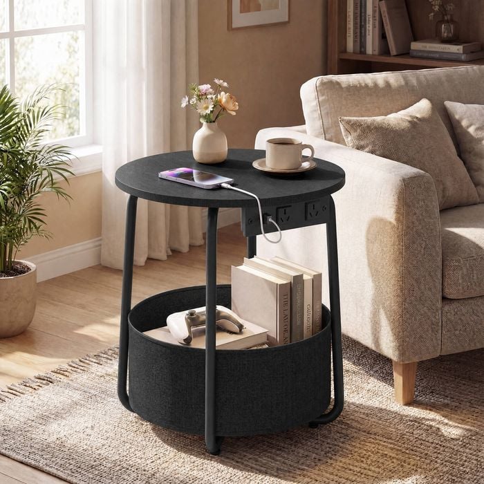 Advwin Side Table Sofa End Table w/ Charging Station Round Bedside Table w/ Basket Black