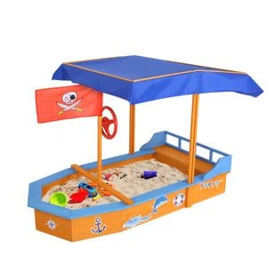 Keezi 150cm Wooden Boat Sandpit With Canopy & Bench Seats
