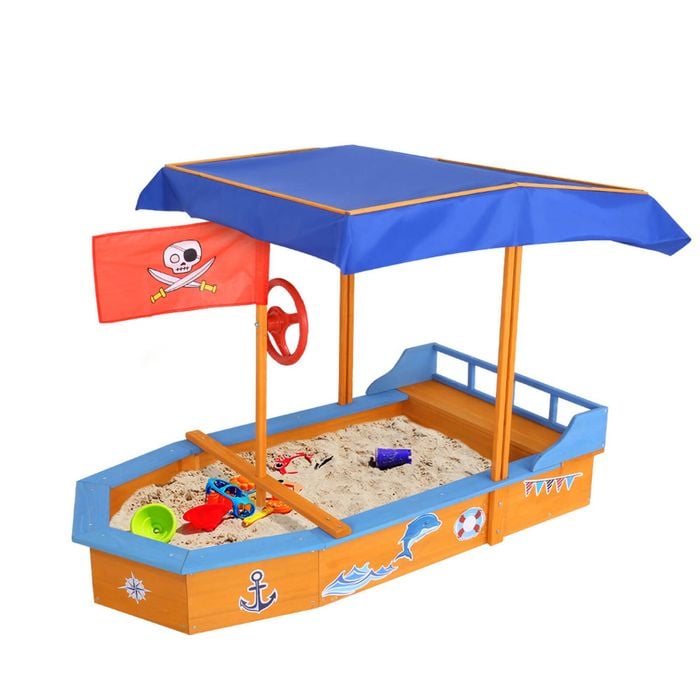 Keezi 150cm Wooden Boat Sandpit With Canopy & Bench Seats