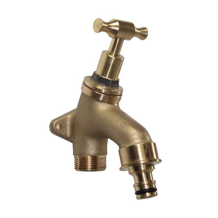 FIX-A-TAP 19mm 3/4" Lead-Free Brass T-Handle Angled Garden Tap 'N' Snap Tap with Back Plate