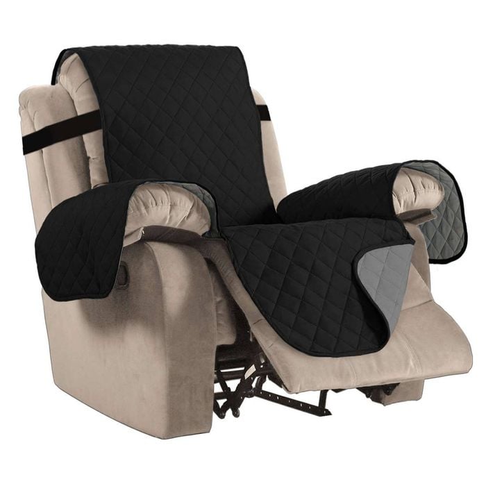 Smarcute 1 Seater Quilted Reversible Recliner Chair Cover Armchair Sofa Slipcover with Straps Black