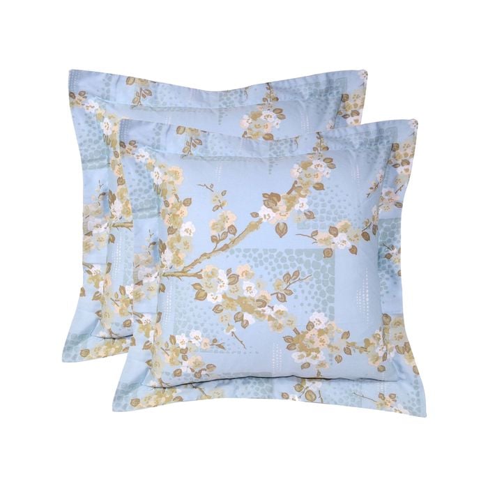 CottonMore 2pce of 100% Cotton 500TC Sateen Square Cushion Covers Floral Blue