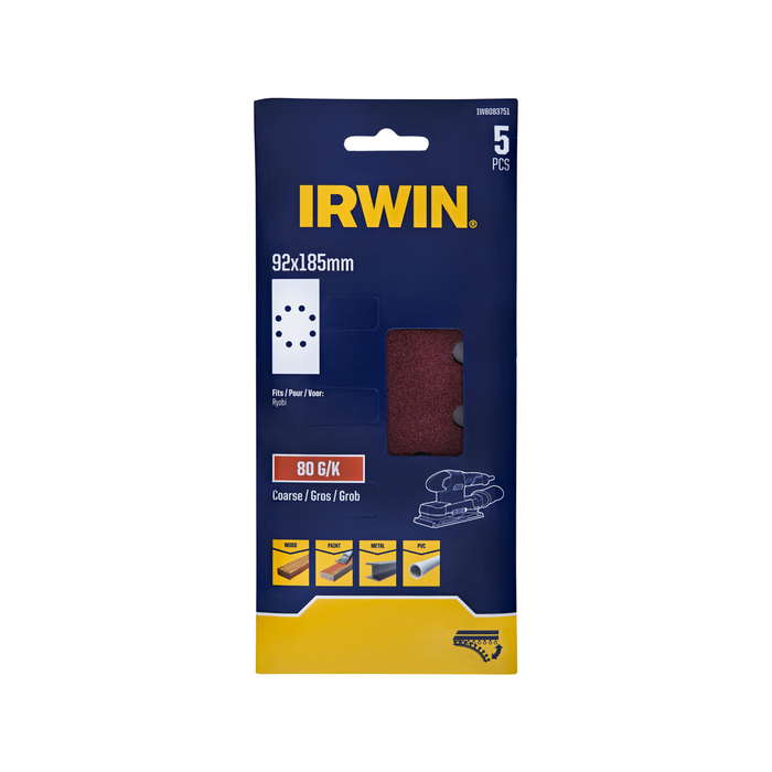 IRWIN 92 x 185mm 80 Grit Orbital Sand Sheets - 5 Pack