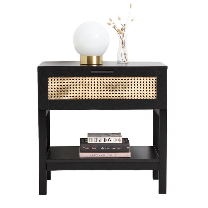 Tulum Bedside Table - Black Rattan With Storage Shelf Black