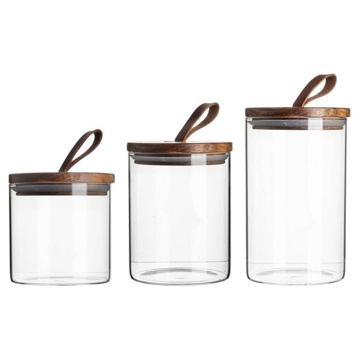 Argon Tableware Glass Storage Jar Set - Leather Loop Wooden Lids - Modern Round Scandi Organisation Container Glass Jar 3 Sizes