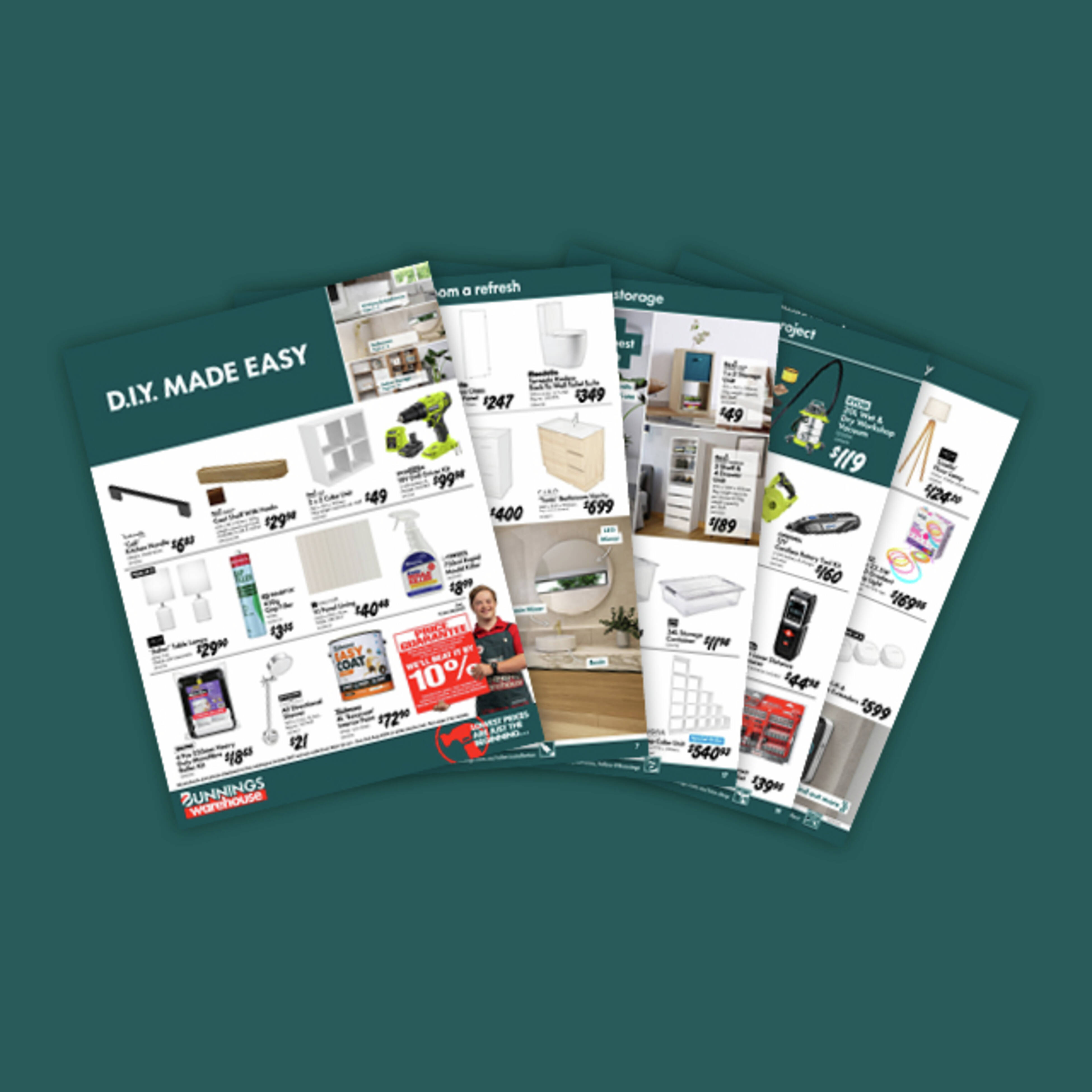 Multiple coloured pages of a Bunnings Catalogue on a green background.