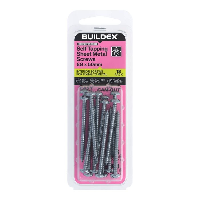 Buildex 8G x 50mm Zinc Plated Self Tapping Sheet Metal Screws - 18 Pack