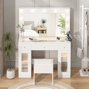Advwin Dressing Table Set with Large Mirror and Lights Glass Top Power Outlet 3 Color Lighting Modes White