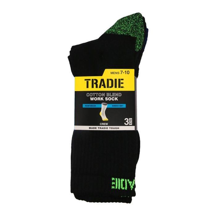 Tradie Men's Black Ribbed Cotton 3 Pack Crew Socks - Size 7-10