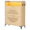 Advwin LED Shoe Storage Cabinet w/ Flip Drawers and Open Shelf Shoe Organizer Narrow Shoe Rack Cabinet with Hook Oak