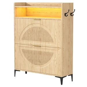 Advwin LED Shoe Storage Cabinet w/ Flip Drawers and Open Shelf Shoe Organizer Narrow Shoe Rack Cabinet with Hook Oak
