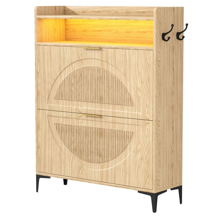 Advwin LED Shoe Storage Cabinet w/ Flip Drawers and Open Shelf Shoe Organizer Narrow Shoe Rack Cabinet with Hook Oak