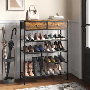 Advwin Shoe Rack Shoe Storage Organizer w/ 2 Drawers and Open Mesh Shelves Freestanding Shoe Shelves Walnut