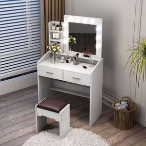 Vanity Desk with Mirror, Lighted Makeup Vanity Desk with Dimming Fuction, 2 Drawers, 1 Chair and Open Shelves, White