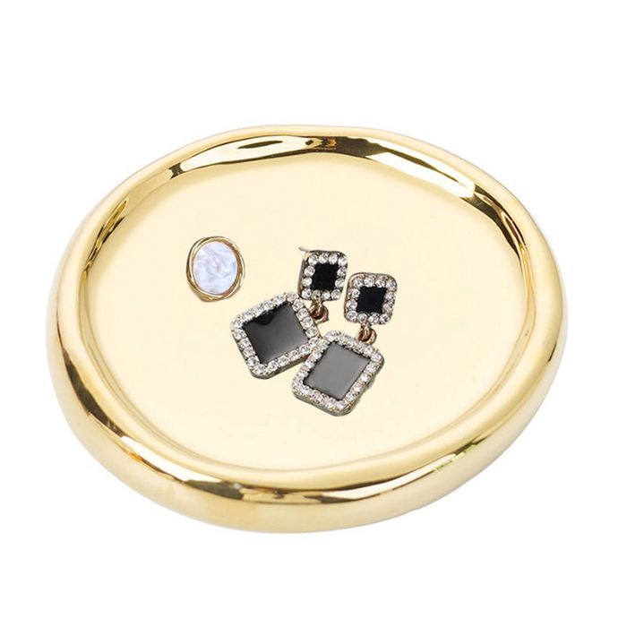 Catzon Ceramic Jewelry Tray For Ring Key Trinket Round Shape Small Plate-gold