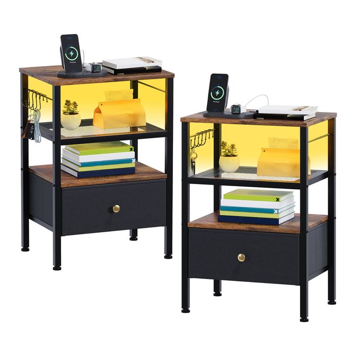 Advwin 2x Bedside Table with Charging Station & LED Fabric Drawer Nightstand Rustic Brown+Black
