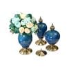 Soga 3x Ceramic Oval Flower Vase With Blue Flower Set Dark Blue