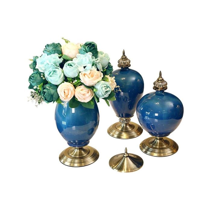 Soga 3x Ceramic Oval Flower Vase With Blue Flower Set Dark Blue