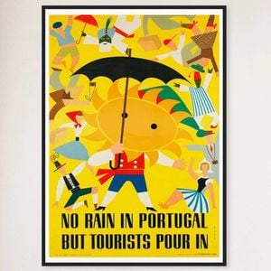 Galrie Charming Vintage Travel Poster of Portugal: No Rain But Tourists Pour In Artwork, Black Frame, A1 60 x 84cm (23 x 33inch)