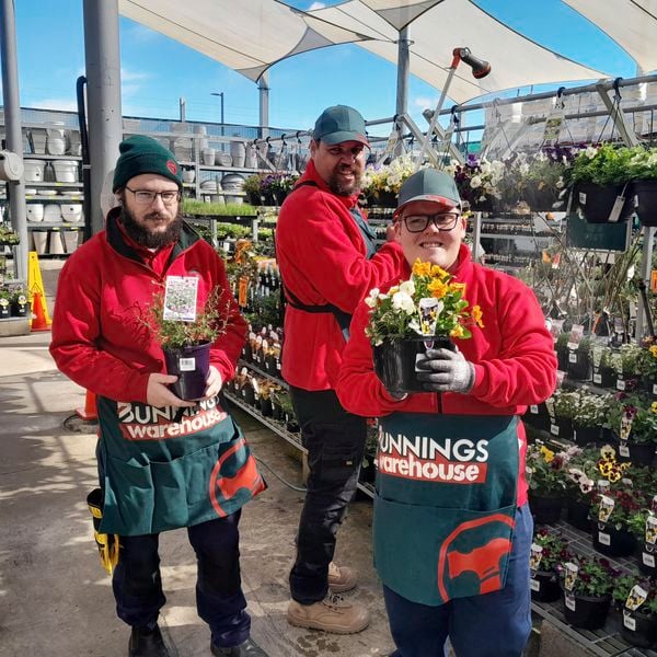 In the garden section three team members are facing the camera, two are holding plants.