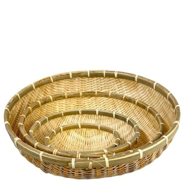 Round Bamboo Bowl Basket Serving Dishware Natural Wood Set of 4