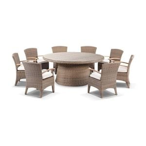 Outdoor Plantation 1.8M Round Wicker Dining Table With 8 Kai Chairs - Brushed Wheat