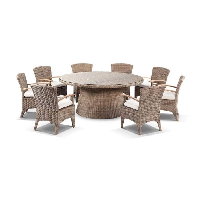 Outdoor Plantation 1.8M Round Wicker Dining Table With 8 Kai Chairs - Brushed Wheat