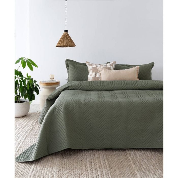 Bambury Herringbone Embossed Coverlet - Moss - Queen/king