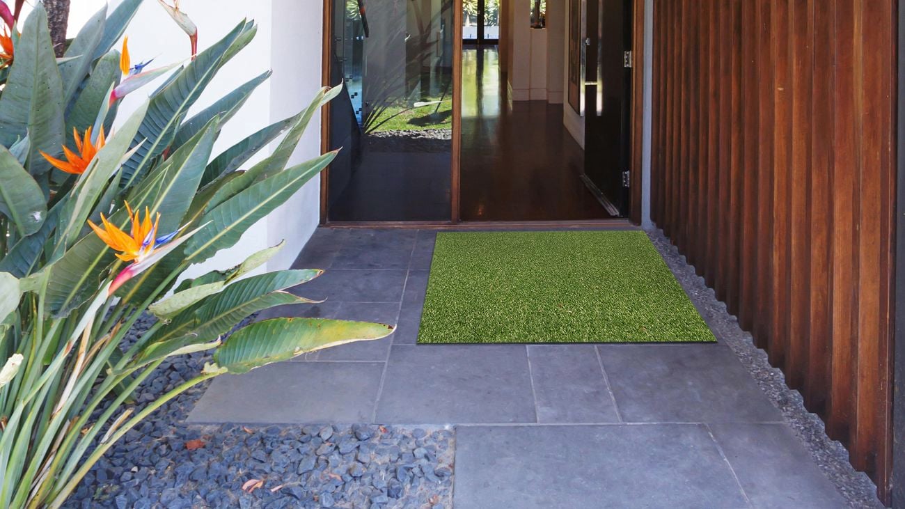 Artificial turf on walkway on the way to hallway of house.