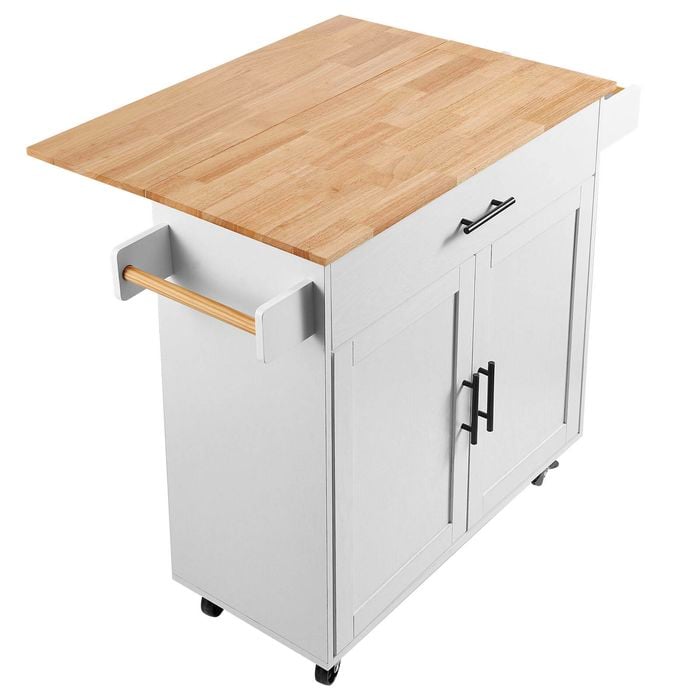 Vevor Kitchen Island Cart with Solid Wood Top White with Storage Cabinet
