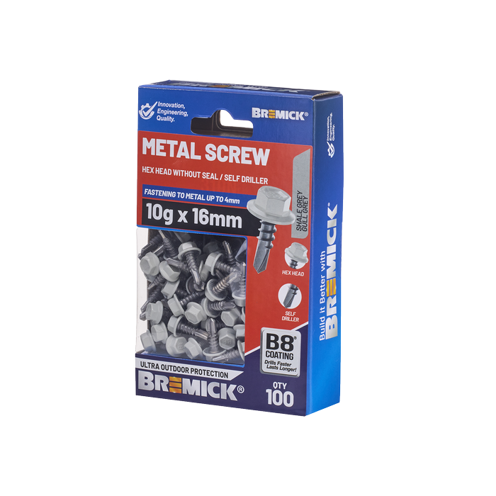 Bremick Metal Hex Screw 10g x 16mm B8 SH BX100