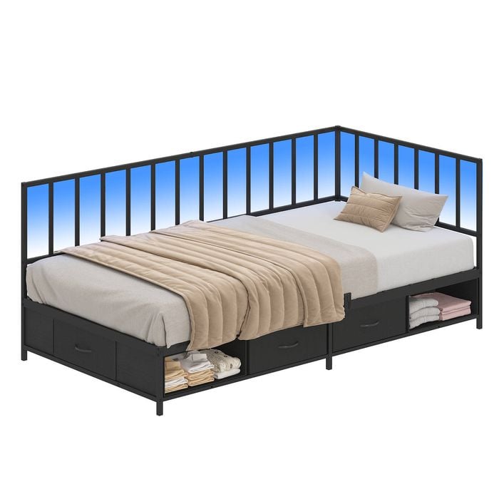 Advwin Single Corner Bed Frame L Shaped with LED Light and 3 Storage Drawers & 2 Cubbies
