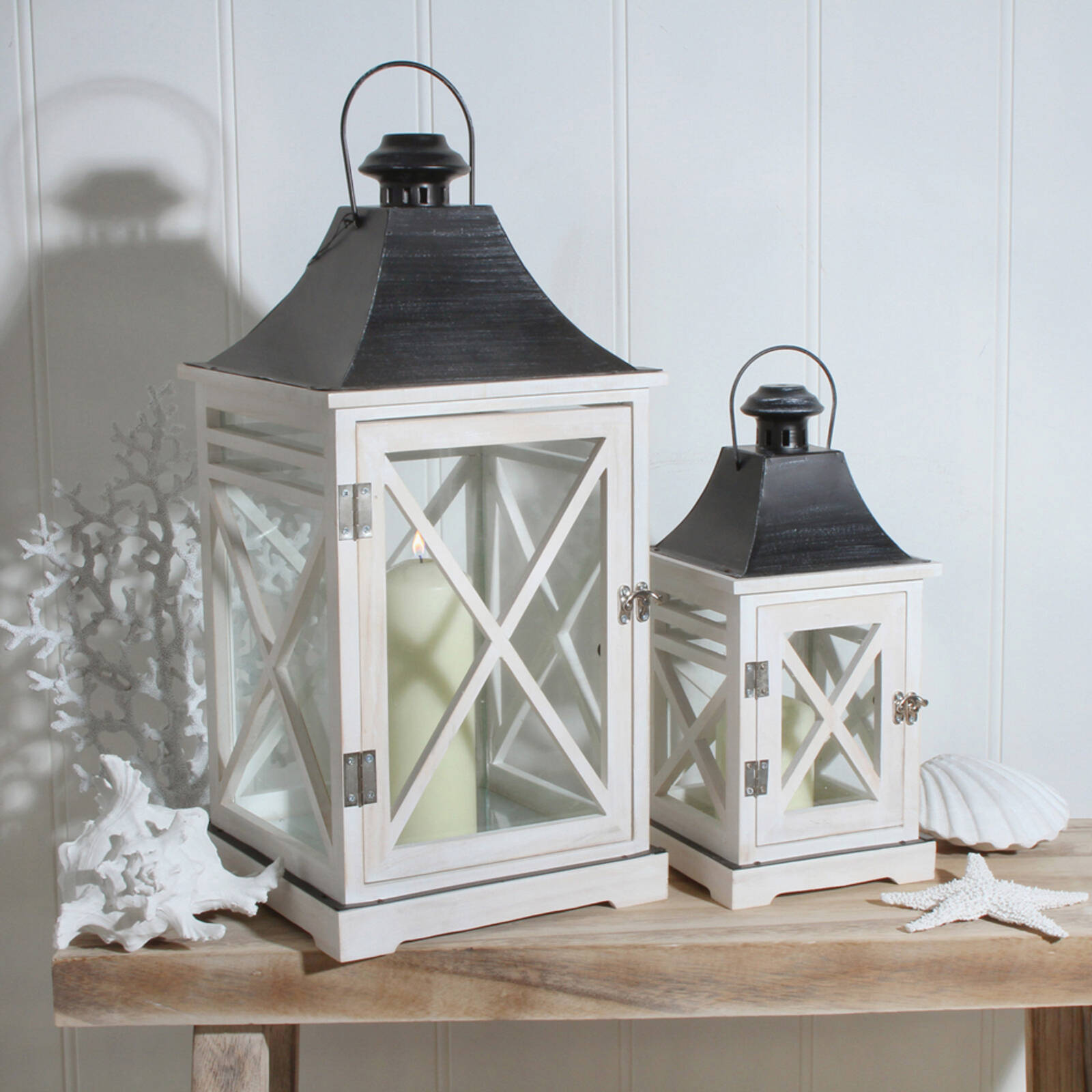 Maine Crawford Cacee 50cm Lantern Pine Iron Glass Large White Dark Grey Bunnings Australia