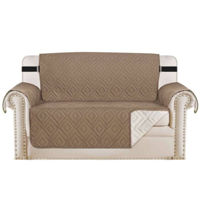 Smarcute 2 Seater Quilted Reversible Pet Friendly Non-Slip Sofa Cover with Straps Taupe