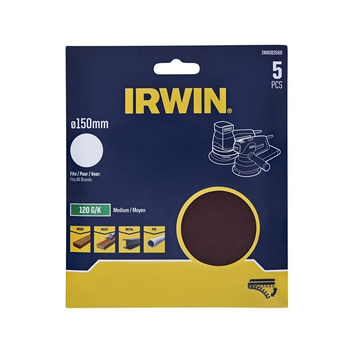 IRWIN 150mm 120G No Holes Quick Fit Random Orbital Sanding Discs - 5 Pack