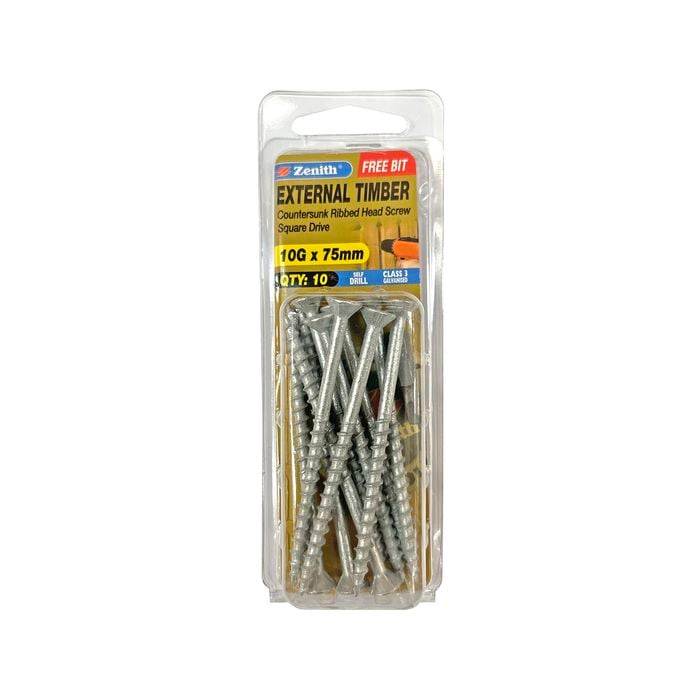 Zenith 10G x 75mm Galvanised Square Drive External Timber Screw - 10 Pack