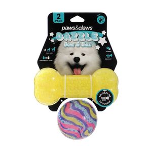 2pc Paws And Claws Dazzle Bone Printed Ball Pet Dog Toy Set Assorted