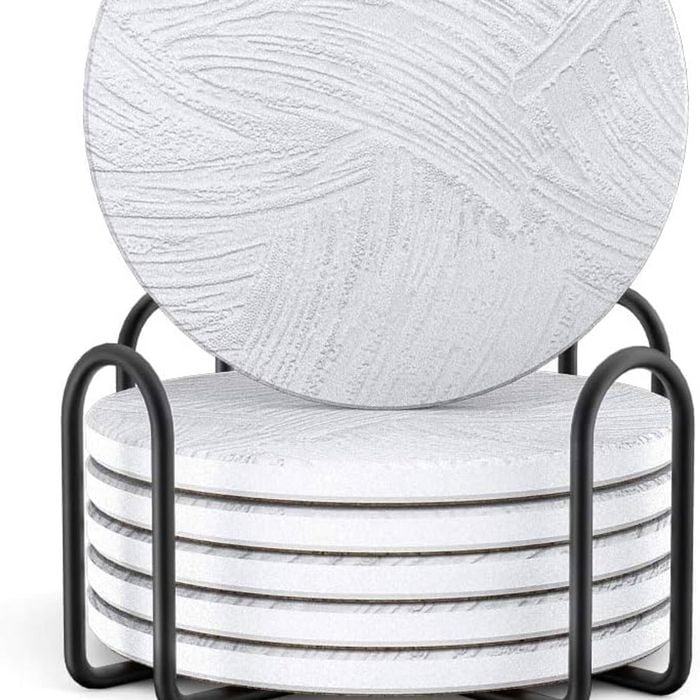 LIFVER by Dowan Set of 6 Ceramic Coasters with Cork Base, White Stone Coasters