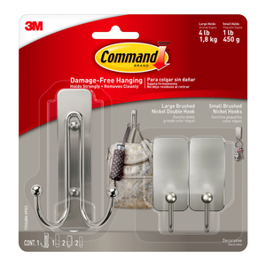 Command Large Double And Small Brushed Nickel Hooks - 3 Pack