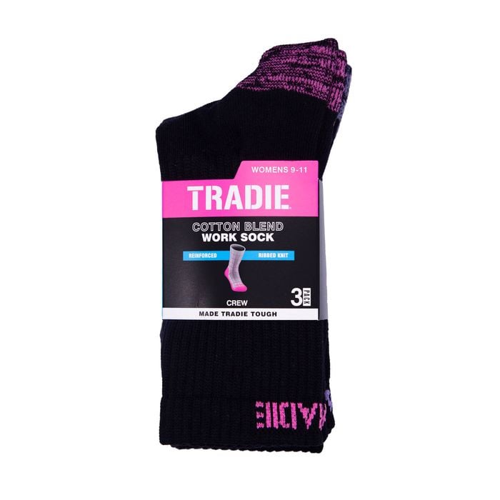 Tradie Women's Black Ribbed Cotton Crew Socks 3 Pack Size 9-11