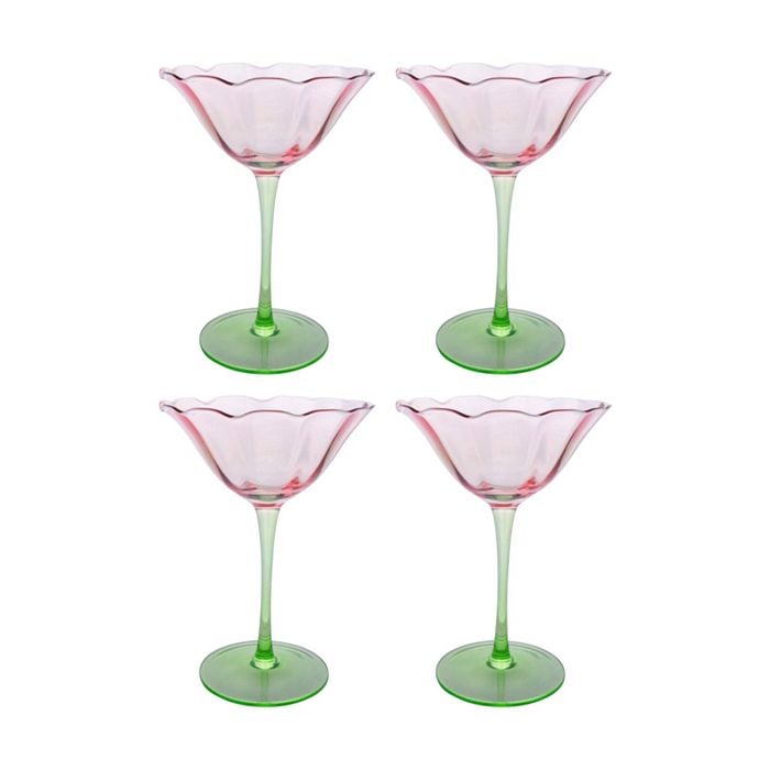 4pk Lvd Decorative Poppy Cocktail Glass Barware/drinkware Green/pink 11.5cm