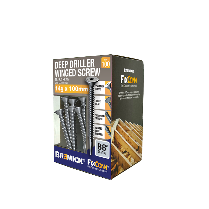 Bremick Deep Driller Winged Screw 14g x 100 Stainless B8 100 Pack 