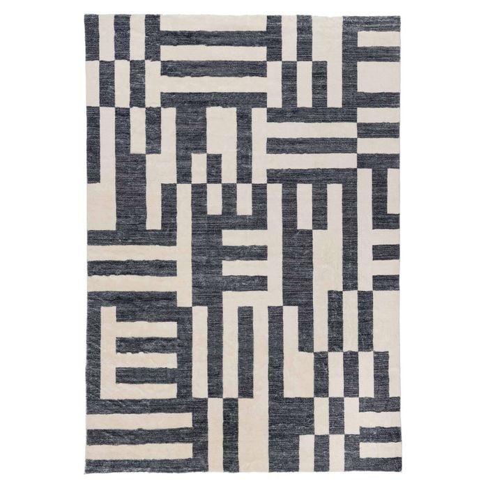Loopsie-400cm X 300cm-emmen Black And Cream Geometric Lines Washable Rug