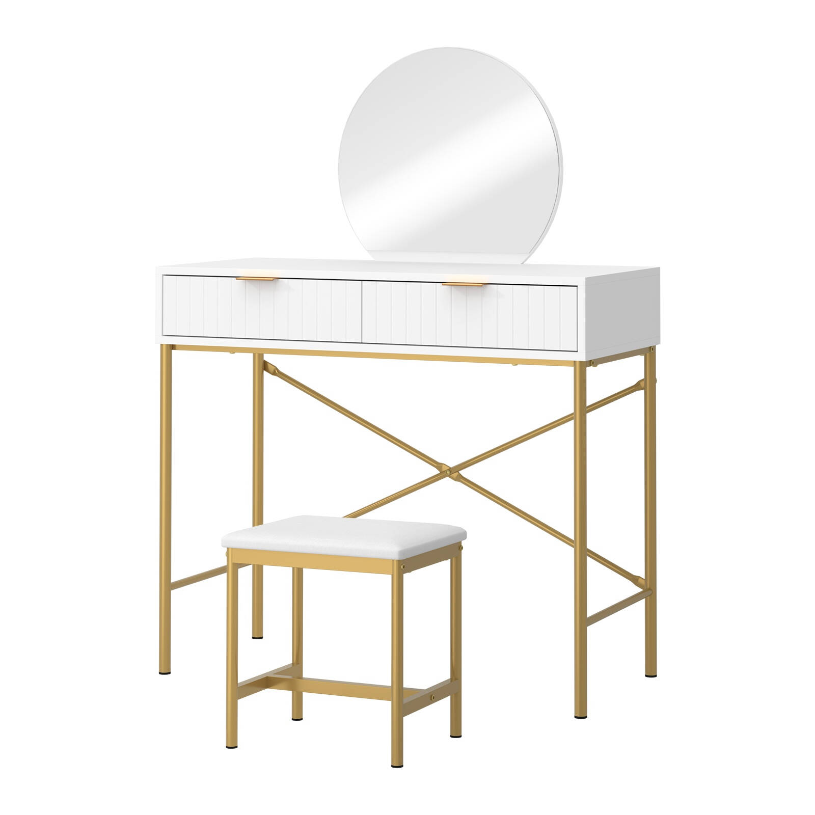 Oikiture Dressing Table Stool Set Round Mirror 2 Drawers White and Gold -  Bunnings Australia