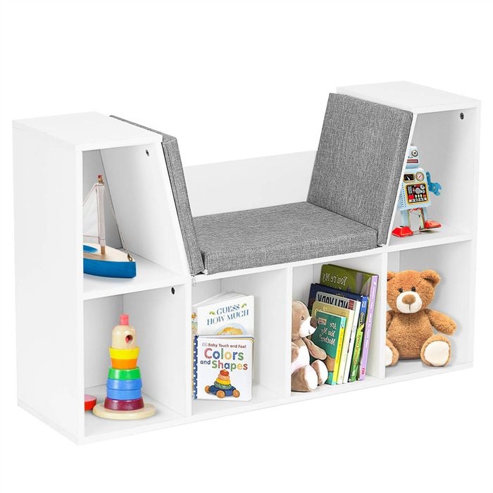 Costway Kids Bookcase Toy Box Storage Cabinet W/upholstered Seat Wood Bookshelf