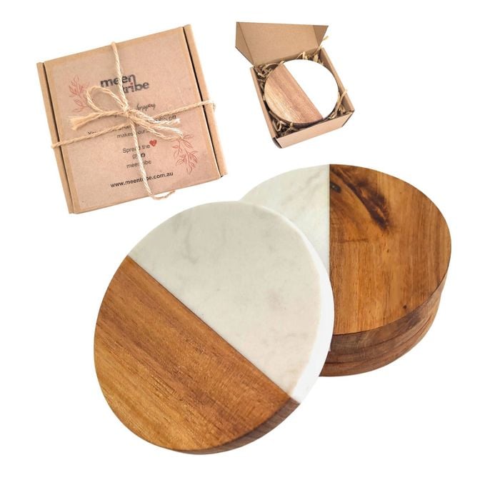 Acacia Wood & Marble Coasters – Set Of 4
